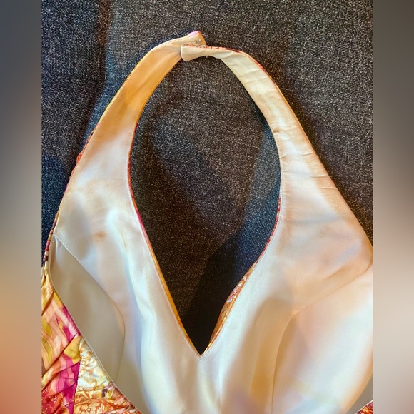 Tropical Print Floor Length Orange Yellow Pink Halter Prom Dress Gown - Picture 5 of 6